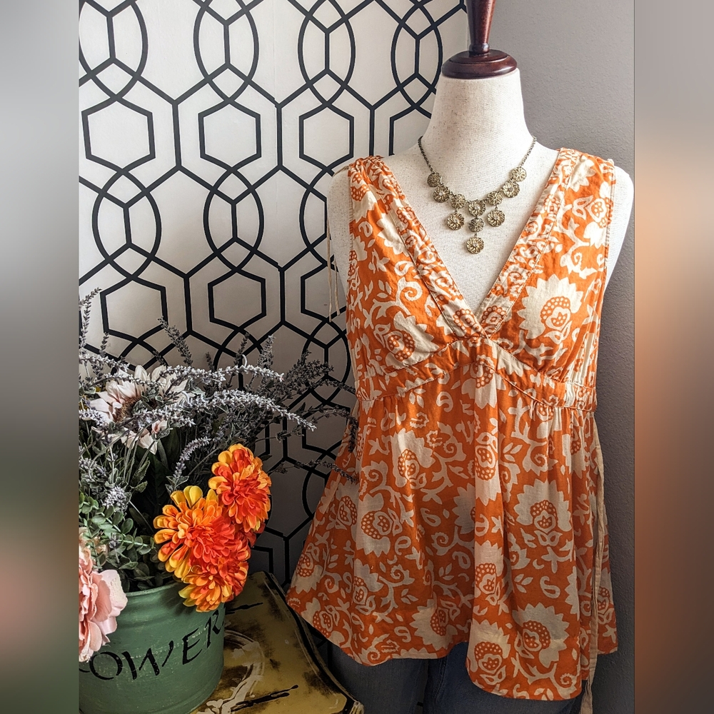 🏵️Anthropologie Orange and Cream Floral Sleeveless Top🏵️